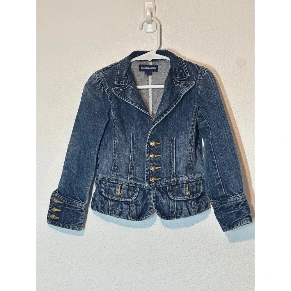 Ralph Lauren Toddler Girls Denim Military Jacket Blue Gold Crest Buttons 3/3T